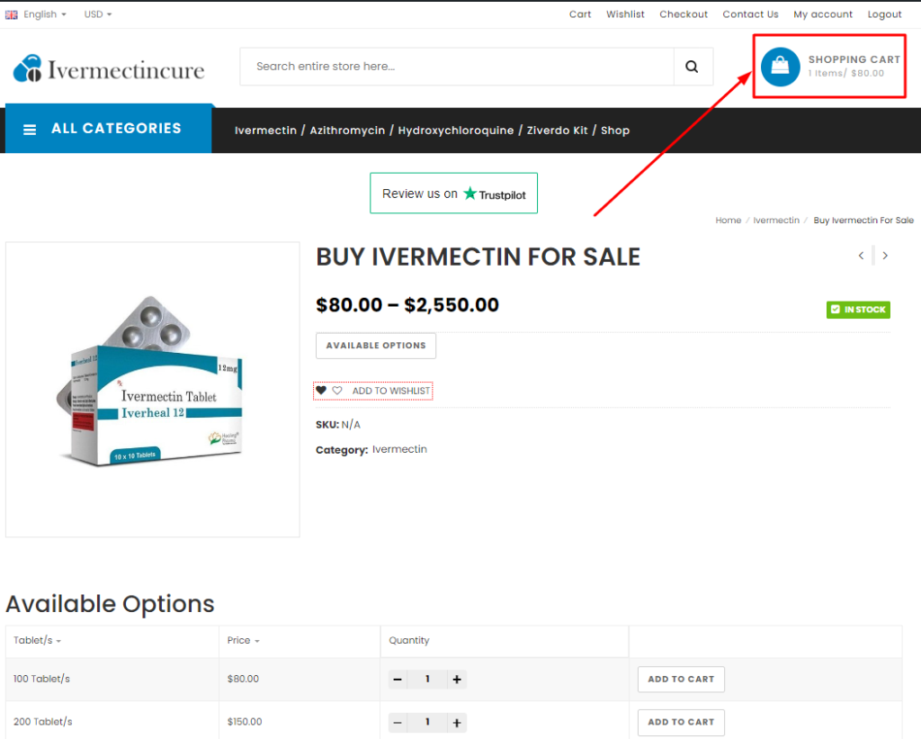 Ivermectincure Ivermectin product page screenshot.